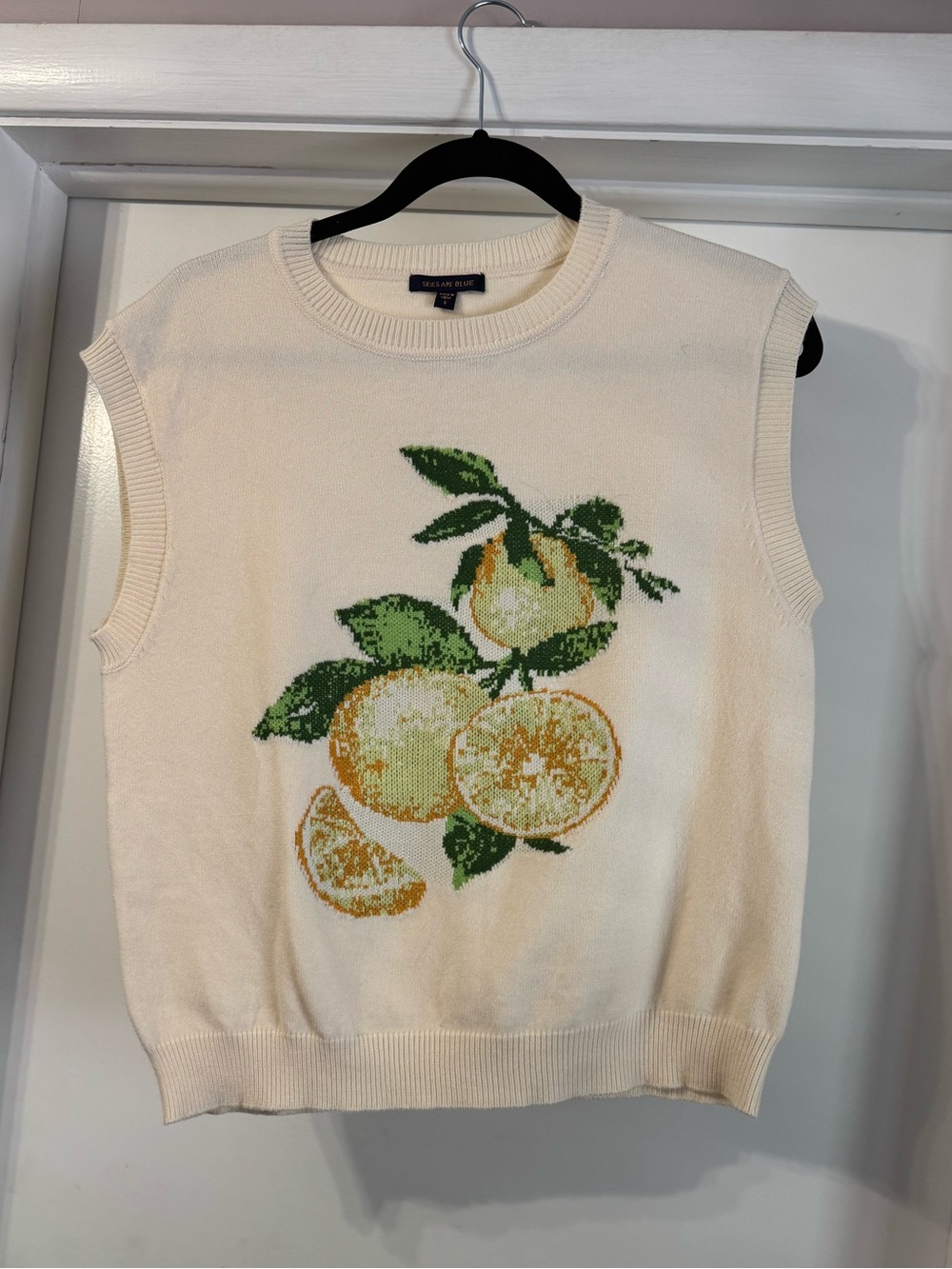 Skies are Blue Cream Knit Vest with Green and Yellow Citrus Motif